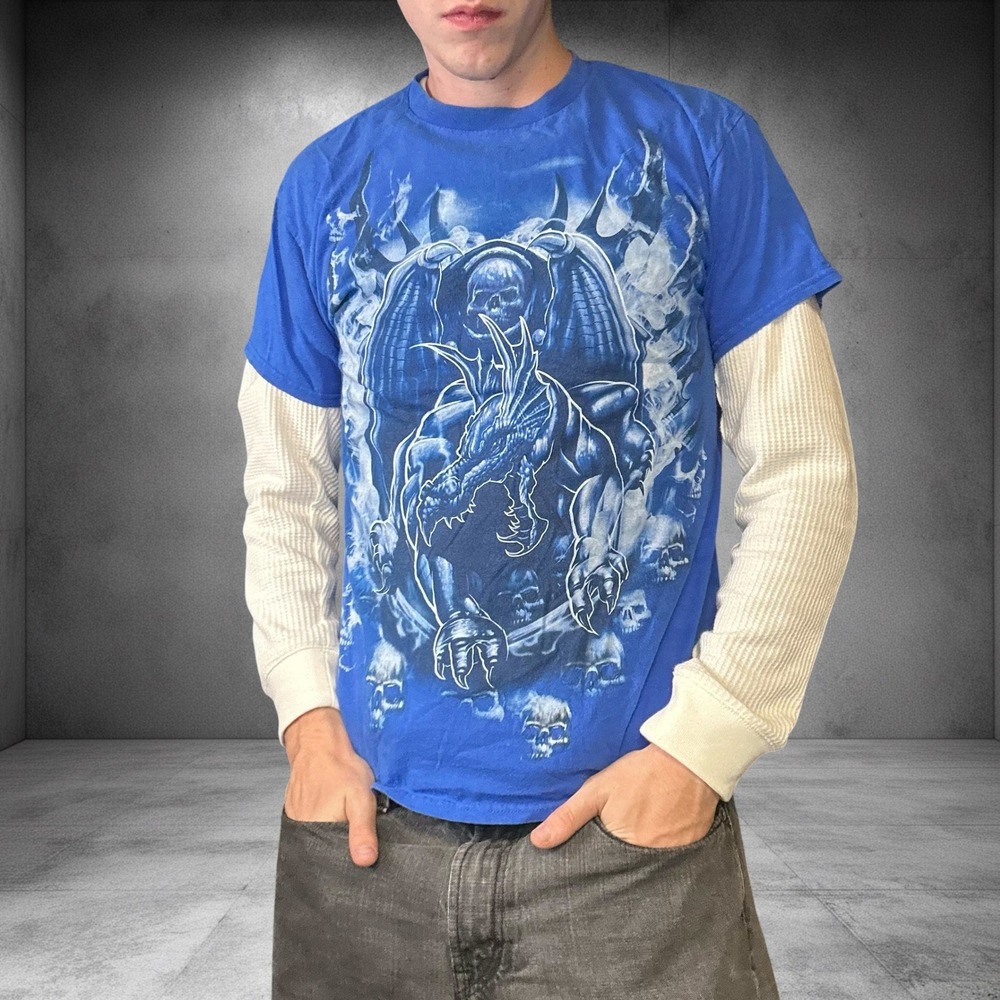 Vintage Y2K Dragon Skull Graphic T-Shirt Blue Skater Grunge Medium
